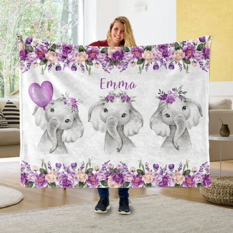 Personalized Floral Elephant Blanket Custom Name Gifts For Baby Girl