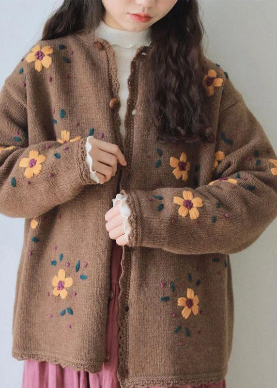 Handmade Coffee Embroideried Floral Lace Patchwork Cotton Knit Coats Long Sleeve