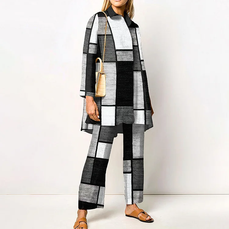 Lapel Geometric Contrast Square Print Two Piece Set