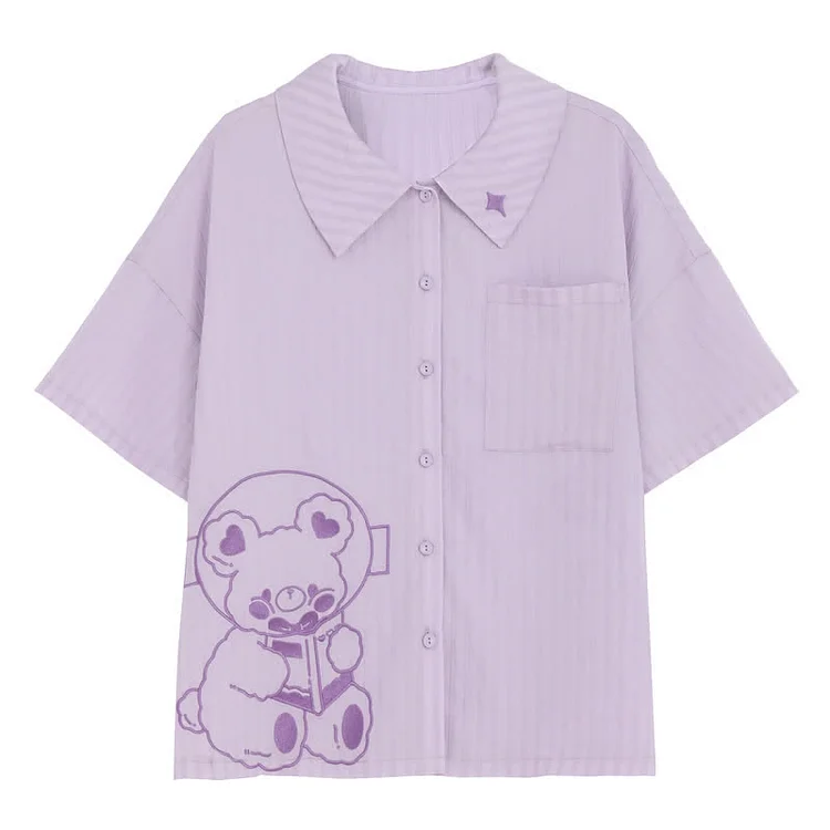 Cartoon Astronaut Bear Print Stripe T-Shirt Overalls Shorts - Modakawa modakawa
