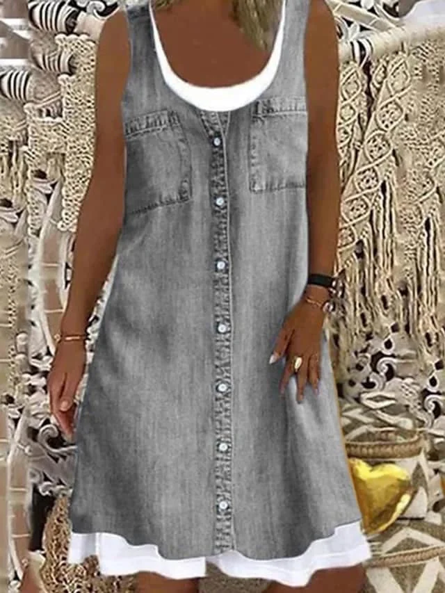 Brownm Sleeveless Stitching Printing Casual Dress Dresses