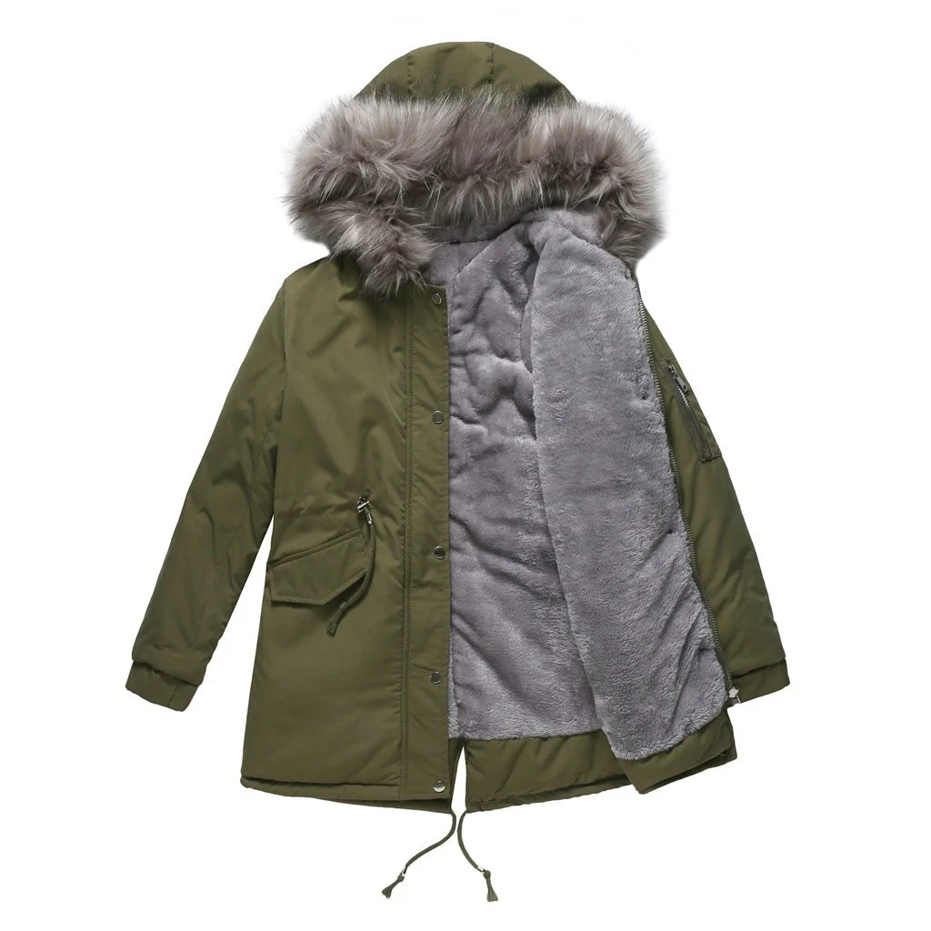 Women's Mid-length Hooded Fur Collar Warm And Fleece Coat
