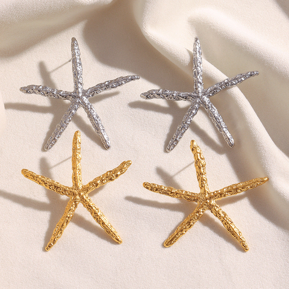 Ins Style Exaggerated Ocean Style Earrings Stainless Steel 18K Gold Plated Hammered Starfish Earrings