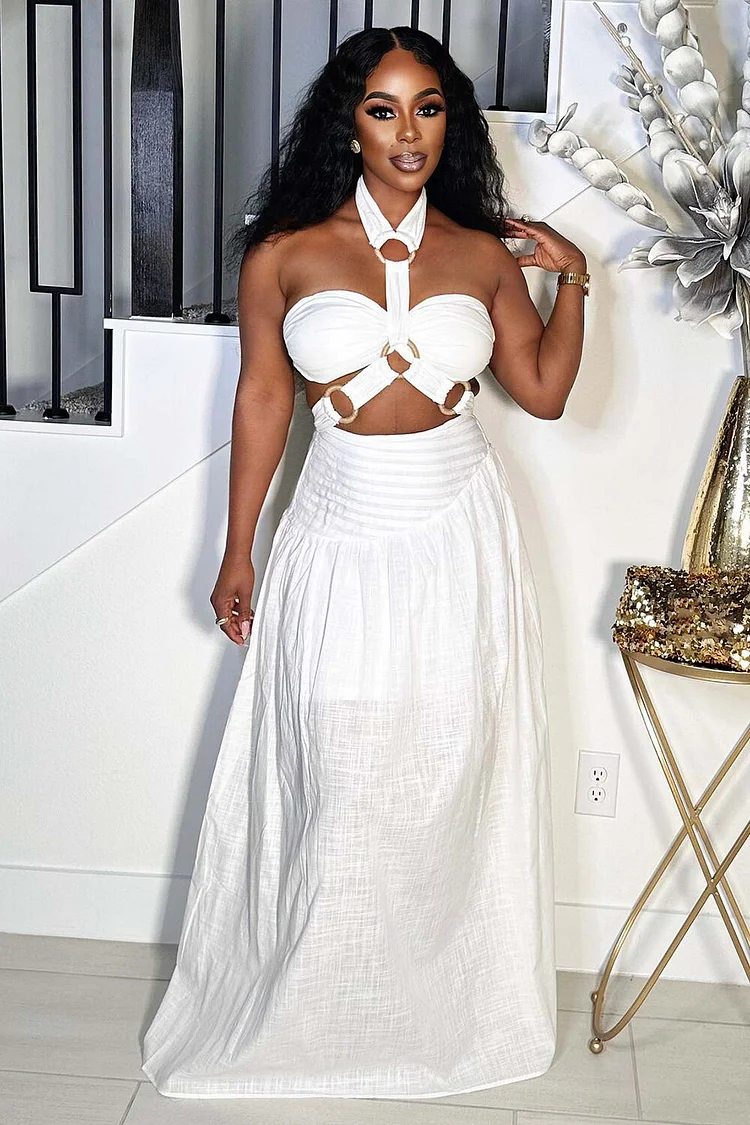Halter O-Ring Patchwork Crop Top Semi-Fitted Maxi Skirt 2pcs Set-White
