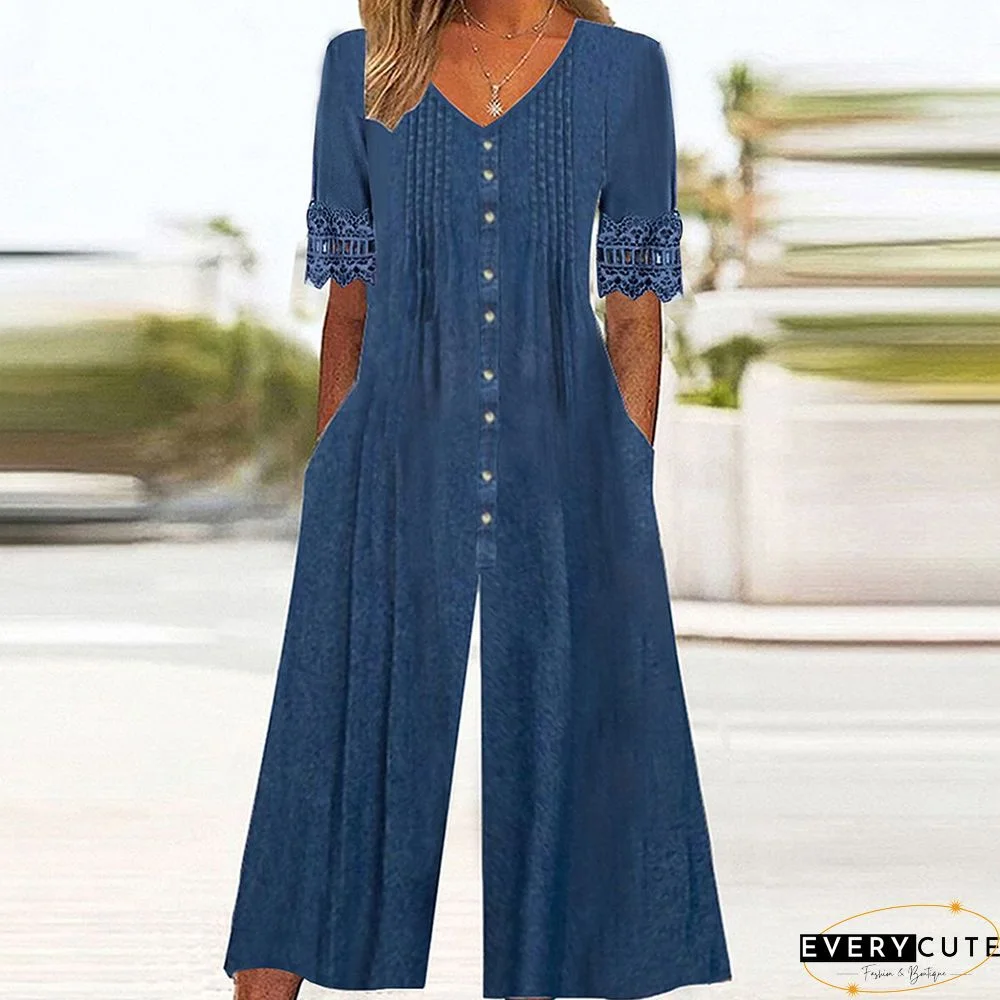 Blue Plain Side Pocket Jumpsuit