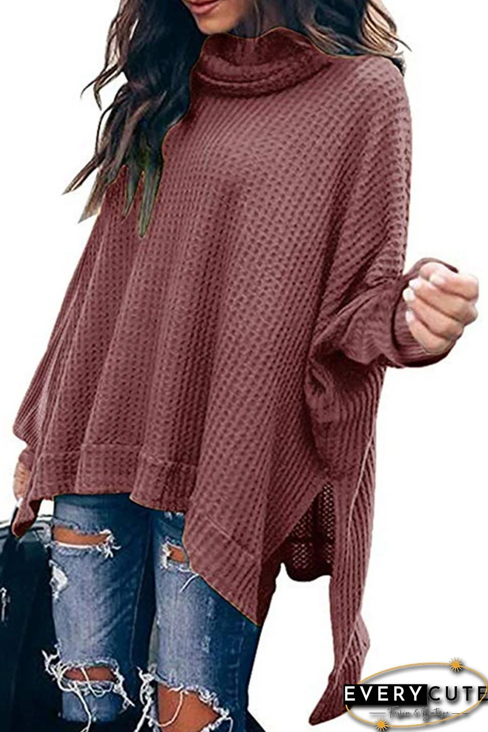 Red Turtleneck Waffle Knit Poncho Blouse