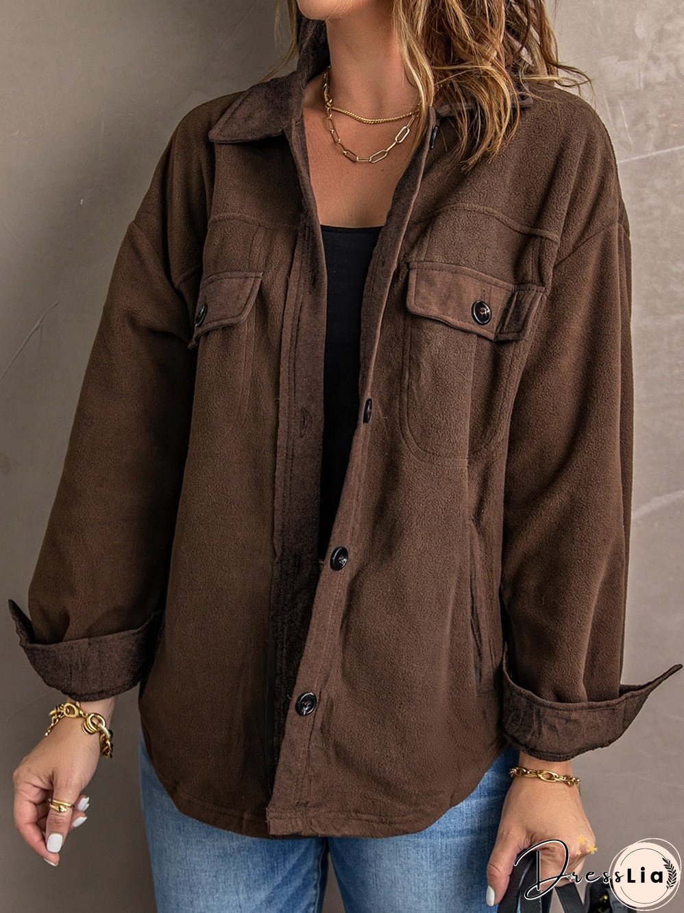 Brown Plush Fleece Button-Up