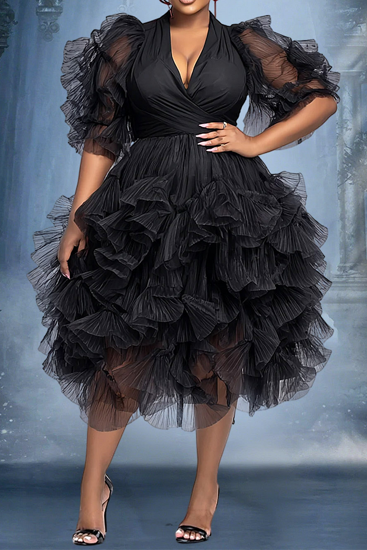 Xpluswear Design Plus Size Cocktail Party Black V Neck Puff Sleeve Short Sleeve Tiered Elegant Ruffle Tulle Midi Dresses [Pre-Order]