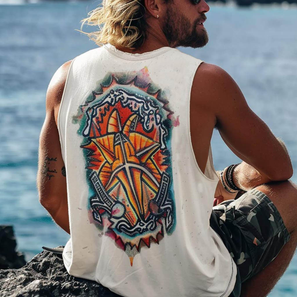 Men's Vintage Australian Surf Print Vest Casual Sleeveless Tank Top / TECHWEAR CLUB / Techwear