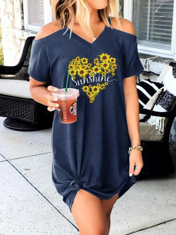 Sunshine Sunflower Off-the-shoulder Short Sleeve Dress