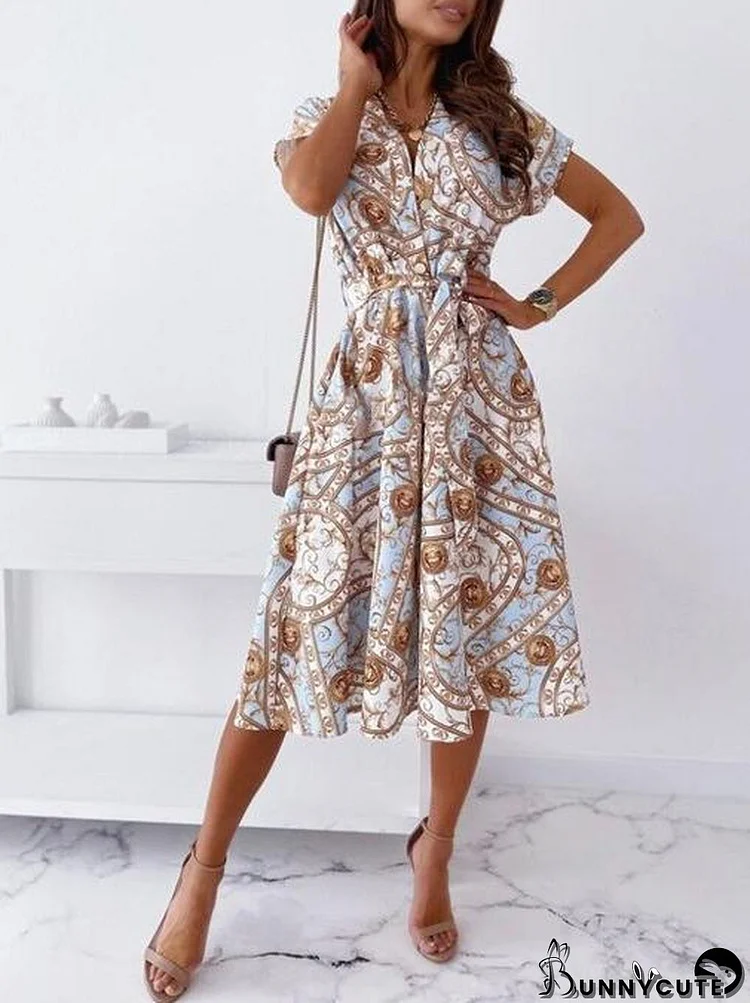 Women's V-neck Short Sleeve Printed Midi Dress