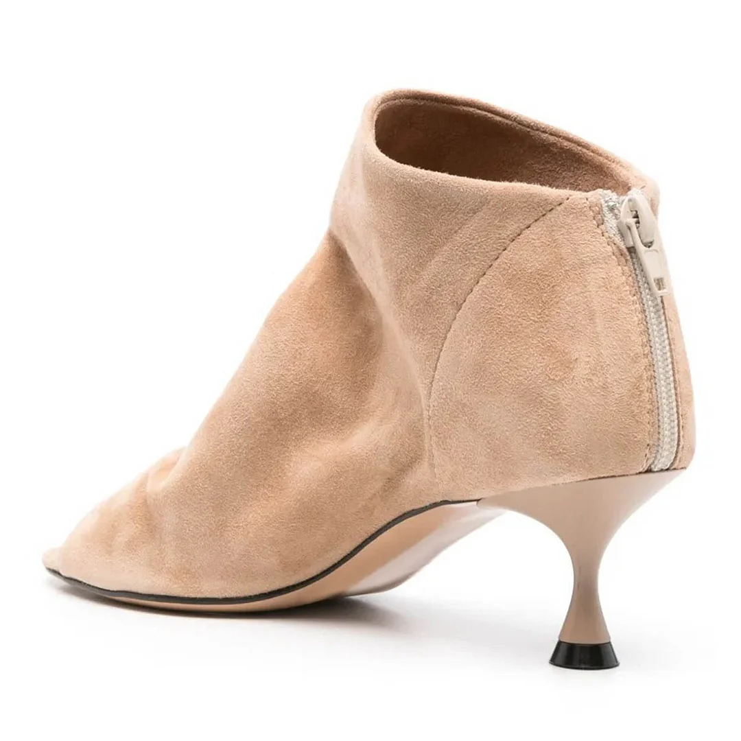 Beige Vegan Suede Open Toe Back Zipper Ruched Kitten Heel Boots