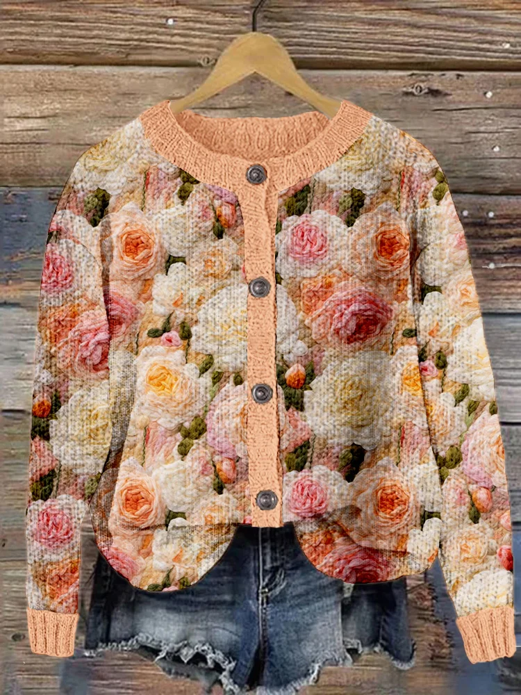VChics Blooming Roses Embroidery Cozy Knit Cardigan