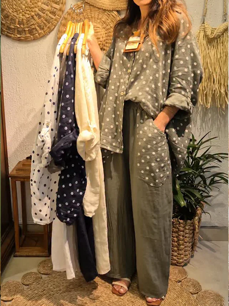 Casual Polka Dot Linen And Cotton Shirt And Trousers Two-piece Set