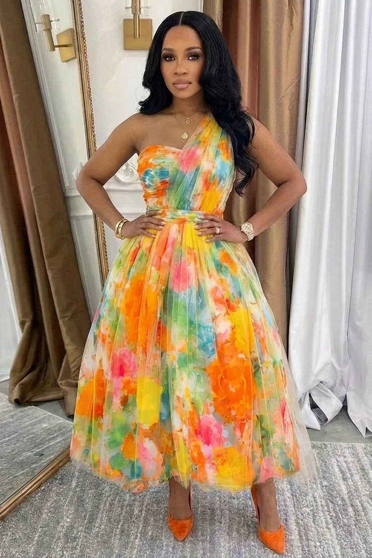 One Shoulder Floral Print Mesh Vacation Maxi Dresses-Multicolor