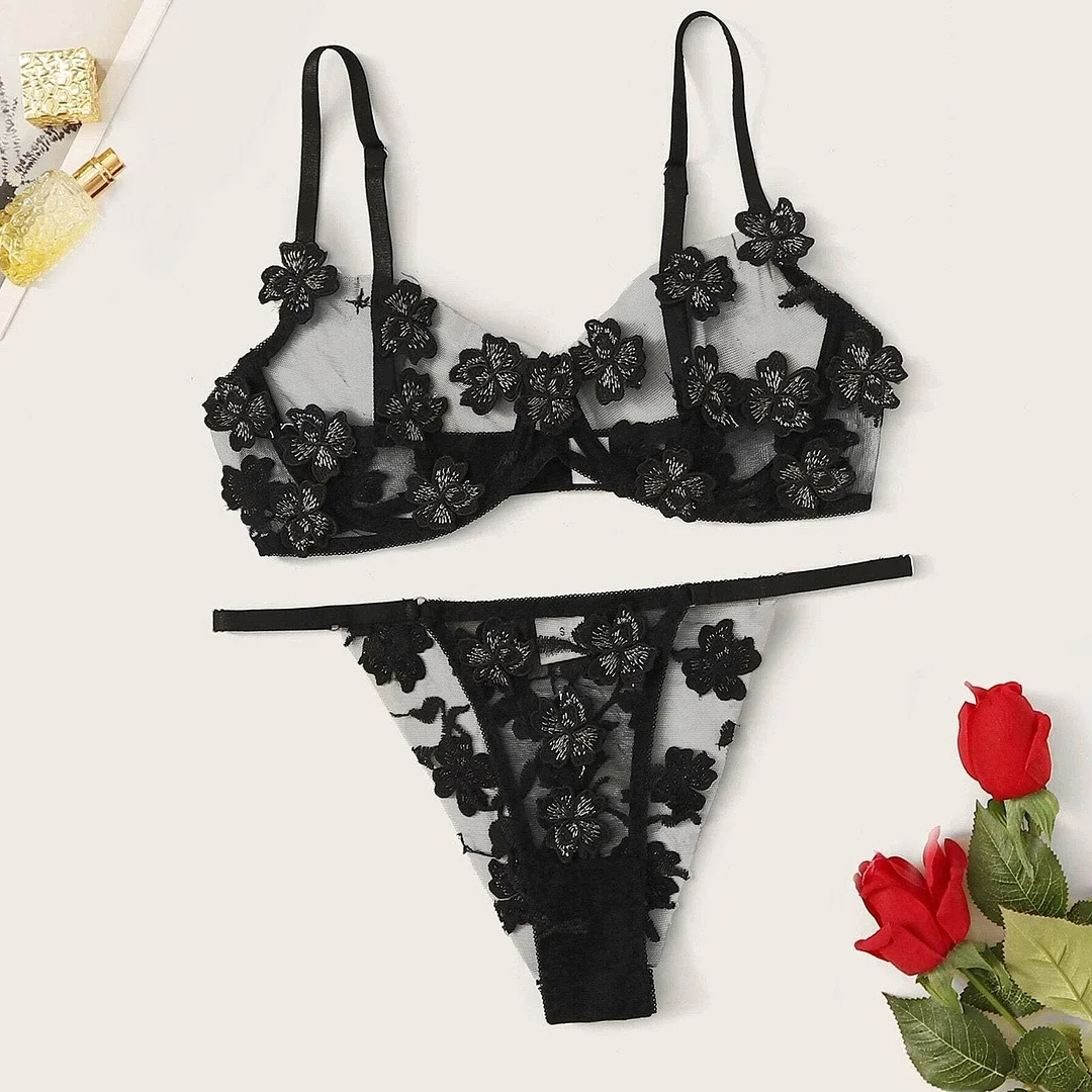 Sexy Bra Panty Set Women Sexy Embroidery Bralette Lace Underwear Set See Through Erotic Lingerie Two-piece Intimate Underwear