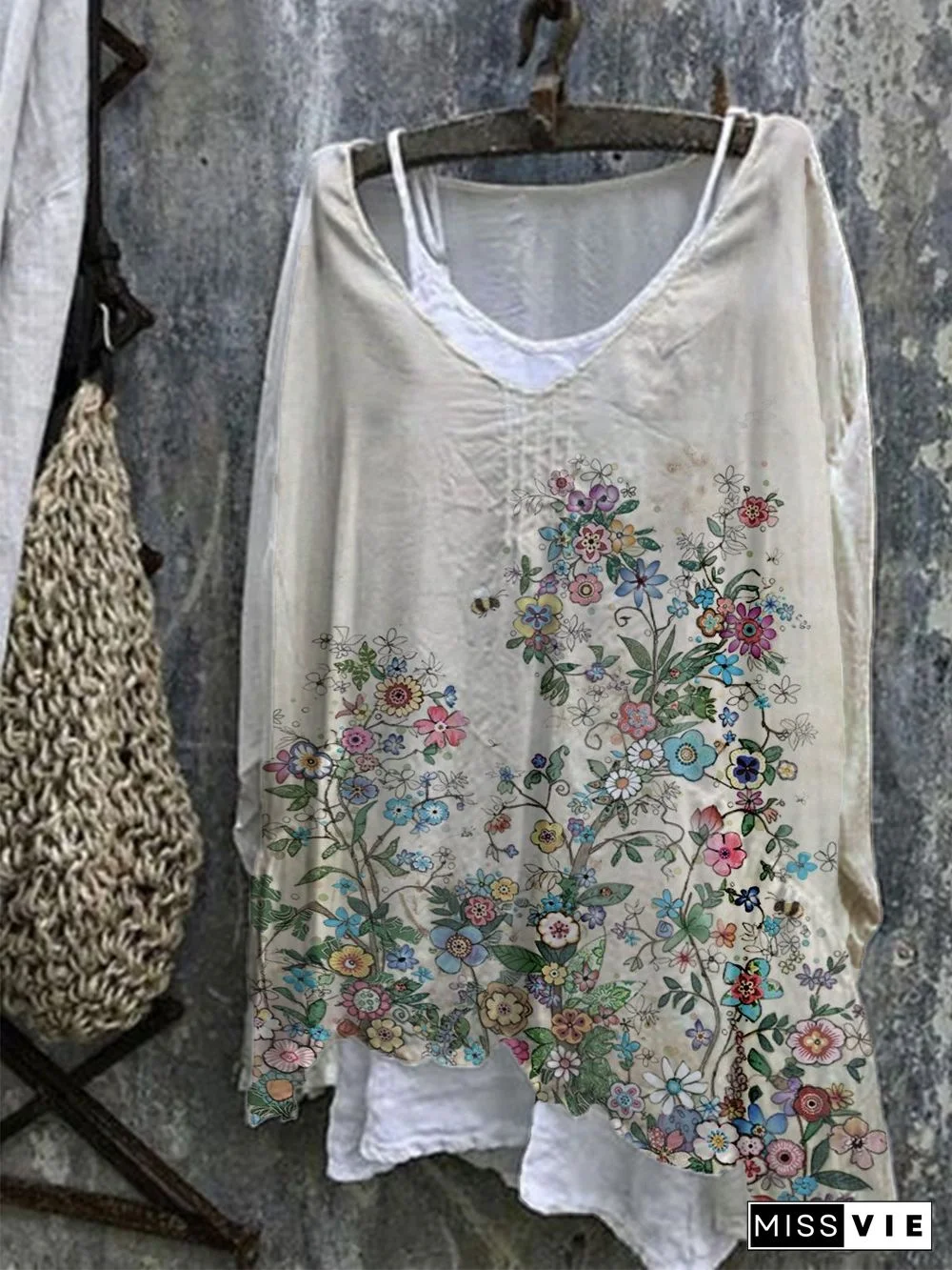 A-Line Floral 3/4 Sleeve Casual Tops