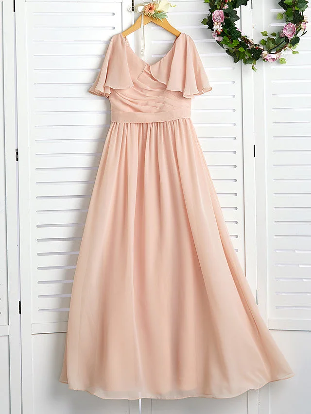 Hellodresses A-Line Jewel Neck Maxi Chiffon Flower Girl Dress With Ruffles Ruching Wedding Party