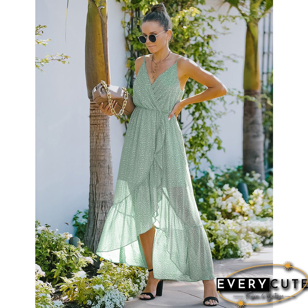 Light Green Wave Point Ruffle Detail Irregular Maxi Dress