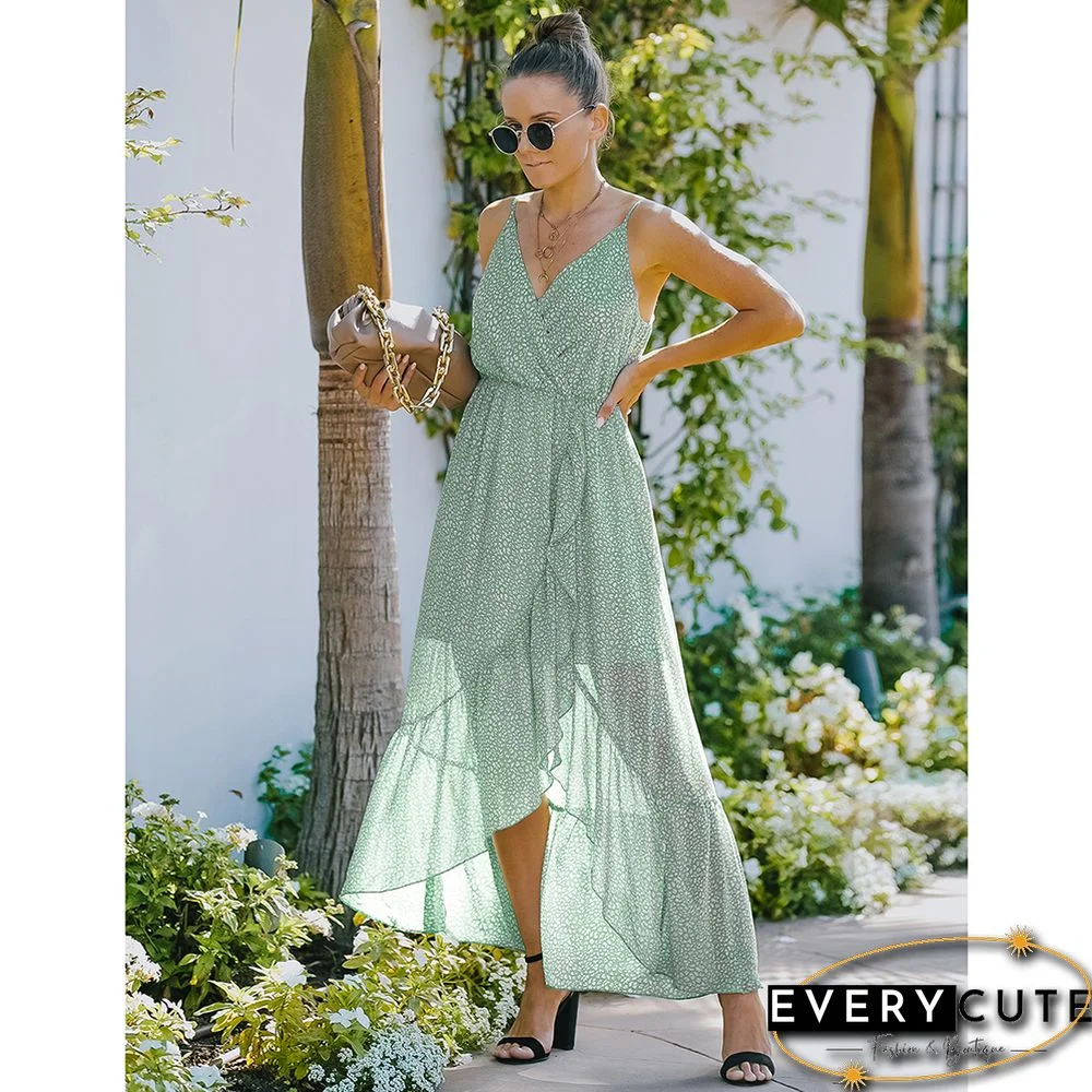 Light Green Wave Point Ruffle Detail Irregular Maxi Dress