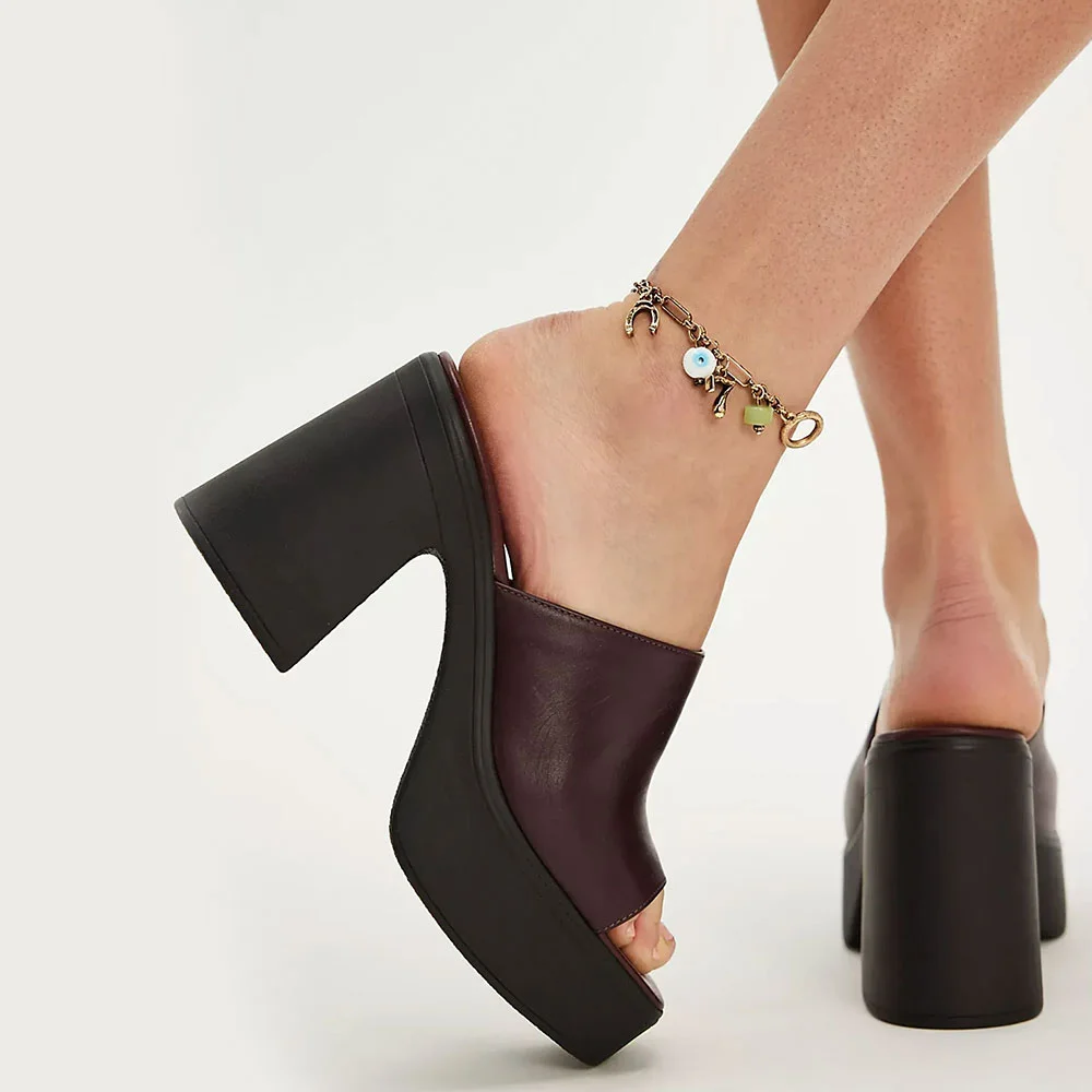 Maroon Wide Strap Platform Block High Heel Summer Sandals for Women