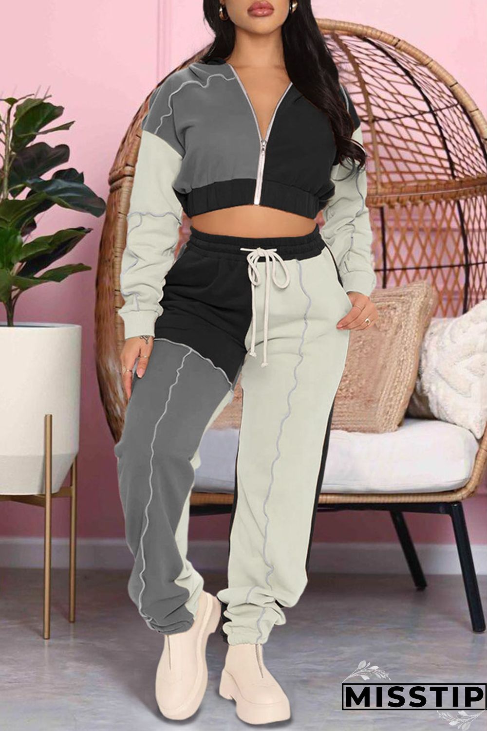 Pink Casual Sportswear Solid Patchwork Zipper Hooded Collar Long Sleeve Two Pieces