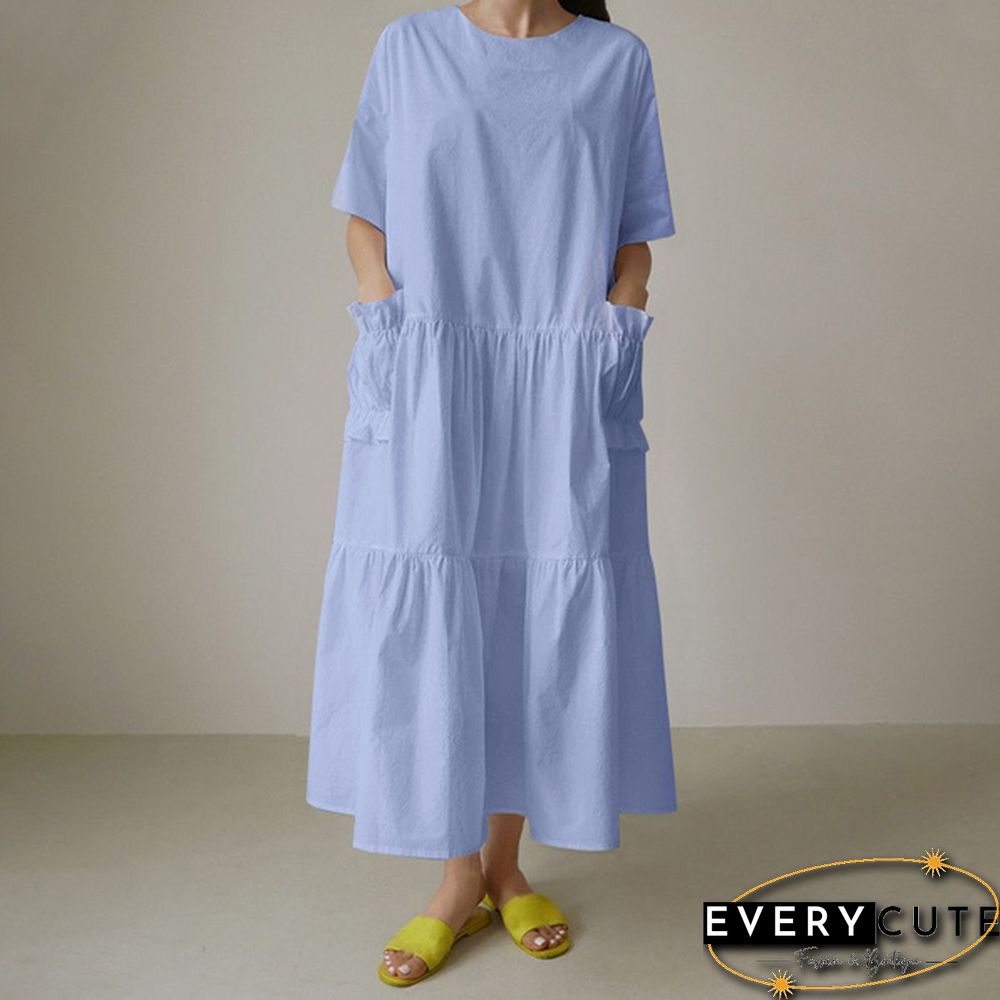Women Summer Short Sleeved Ruffled Hem Casual Loose Long Dress Solid Color Dresses