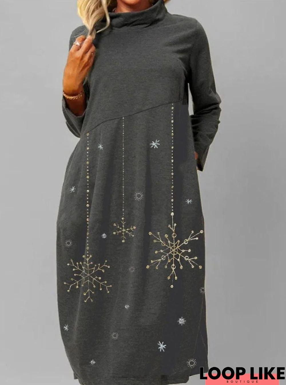 Fashion Snowflake Print Long Sleeve Casual Round Neck Shift Dress