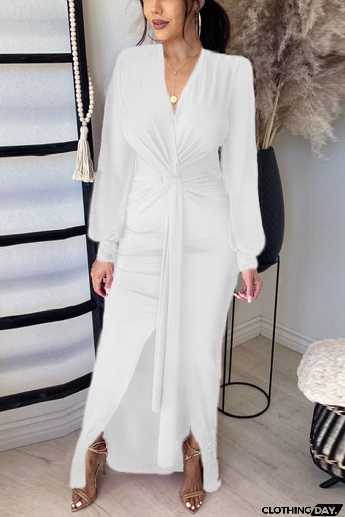 Deep V Neck Slit Hem Knotted Maxi Dress