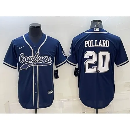Men's Dallas Cowboys #20 Tony Pollard Navy With Patch Cool Base Stitched Baseball Jersey CYDS