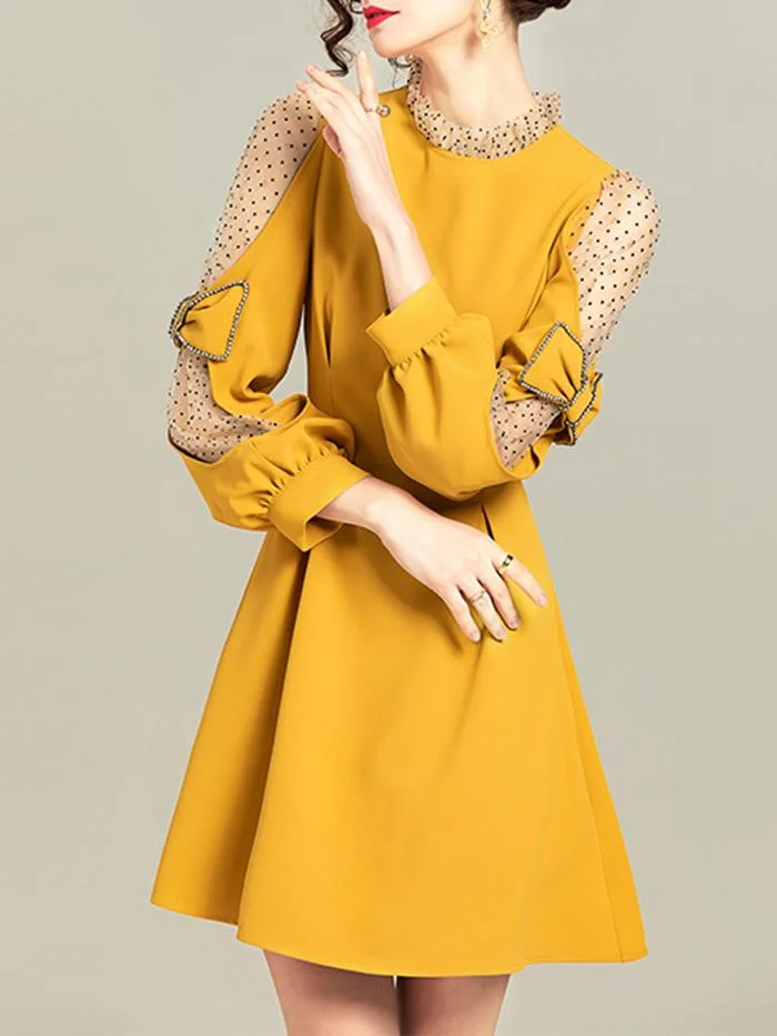 Elegant Net Yarn Flocking Bow Lantern Sleeve Dress