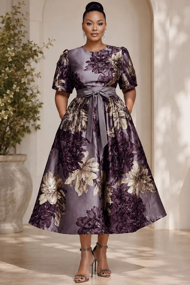 Xpluswear Design Plus Size Wedding Guest Purple Floral Round Neck Short Sleeve Pocket Satin Midi Dresses [Pre-Order] 2024 - Xpluswear