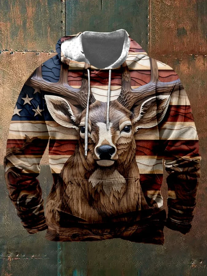 Men's Retro Three-Dimensional Engraved Elk Print Hooded Sweatshirt