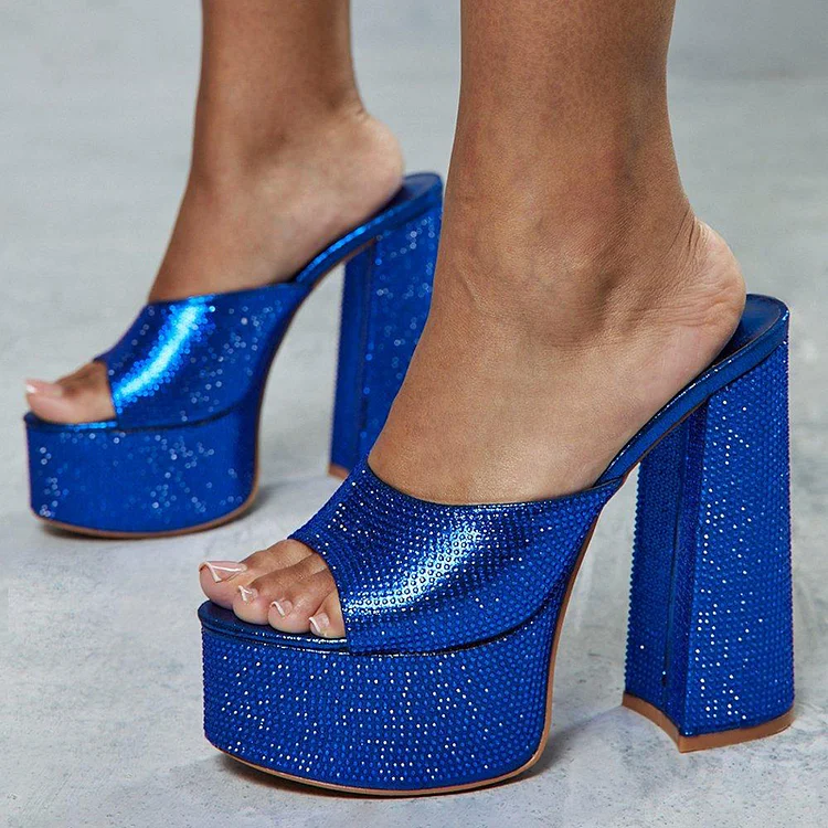 Blue Open Toe Platform Heels Rhinestones Mule Chunky Heel Sandals |FSJ Shoes