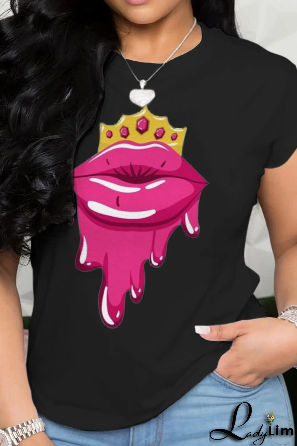 Navy Blue Fashion Street Lips Printed Split Joint O Neck T-Shirts