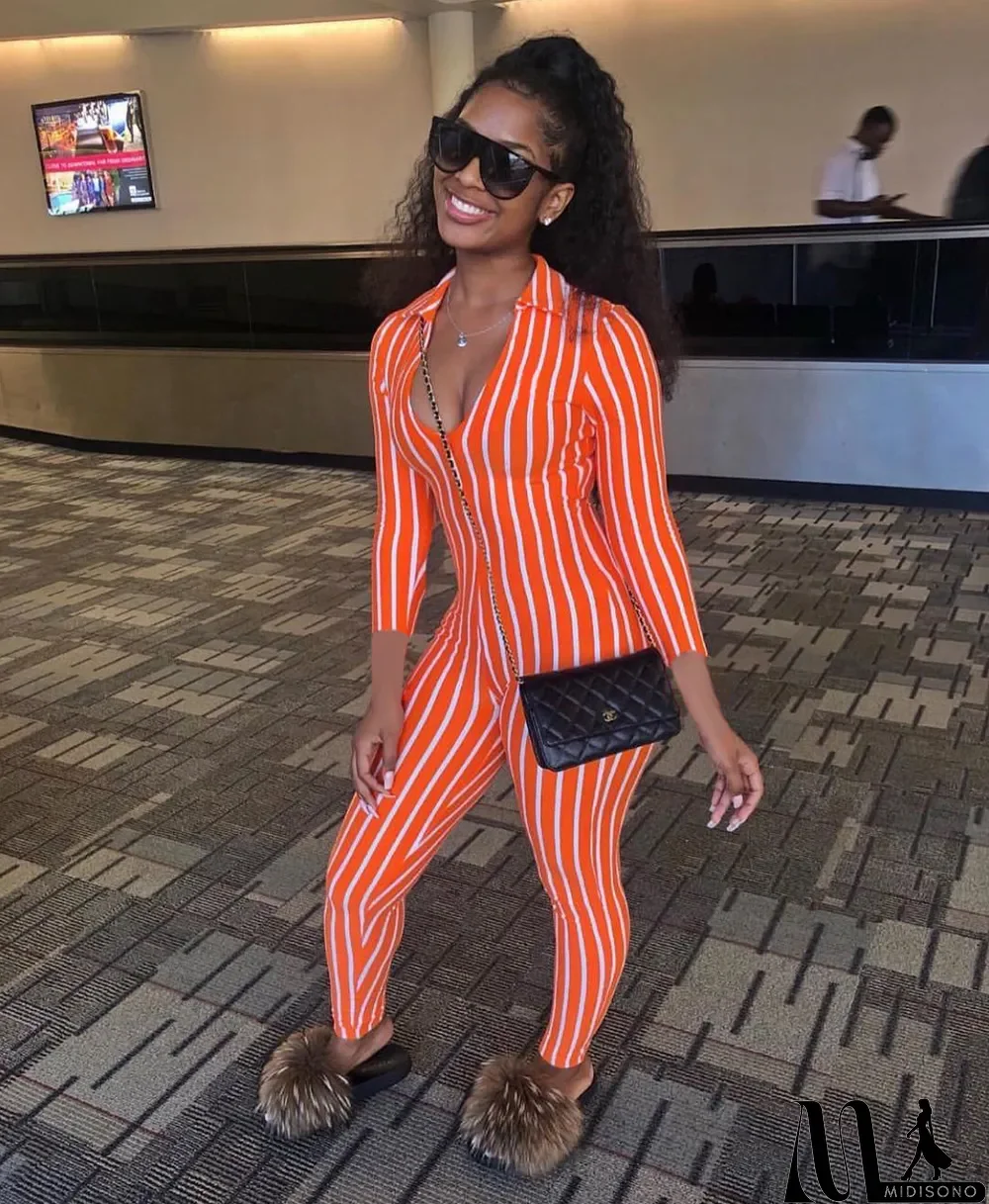 MidiSono - Striped V Neck Three-quarter Sleeve Jumpsuits