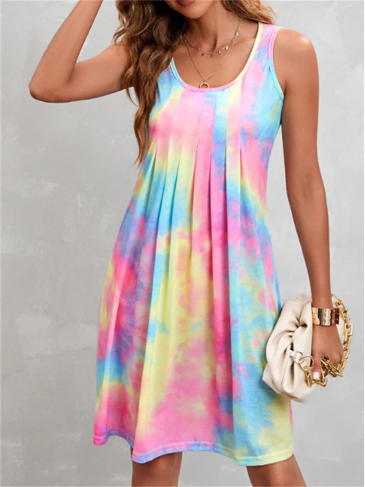 Summer Women's Sleeveless Round Neck Pressed Pleated Tie-dye Graffiti Print Tank Top Halter Girl Wind Dress-Cosfine