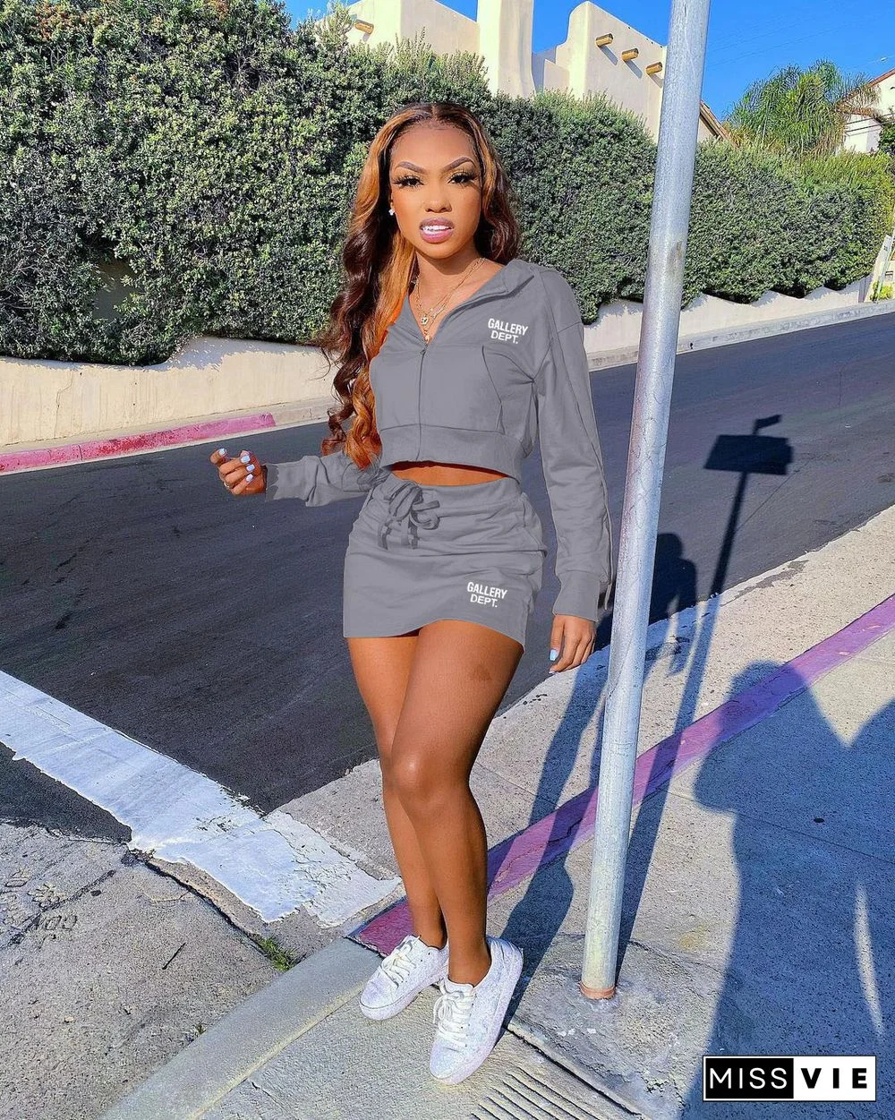Zip Up Hooded Crop Tops Mini Skirt 2 Piece Sets