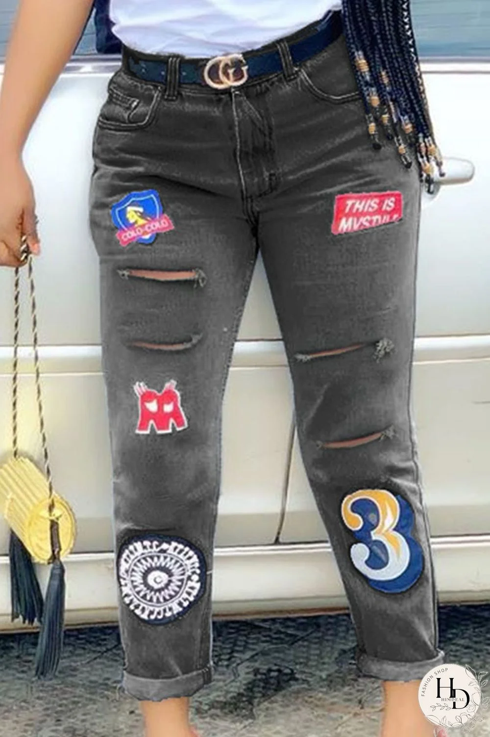 Grey Street Print Embroidered Split Joint Mid Waist Regular Denim (Without Belt)