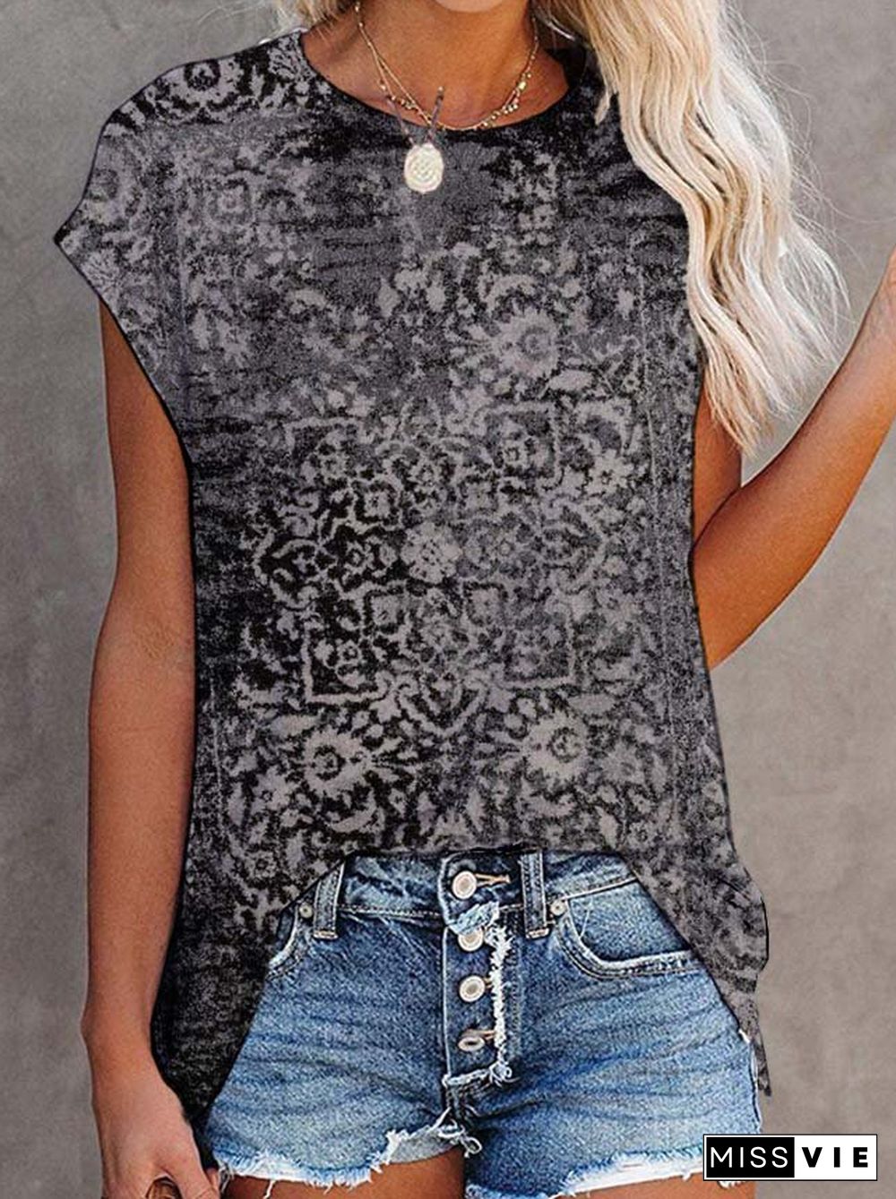 Paisley Short Sleeve Printed Cotton-blend Crew Neck Vintage Summer Black Top