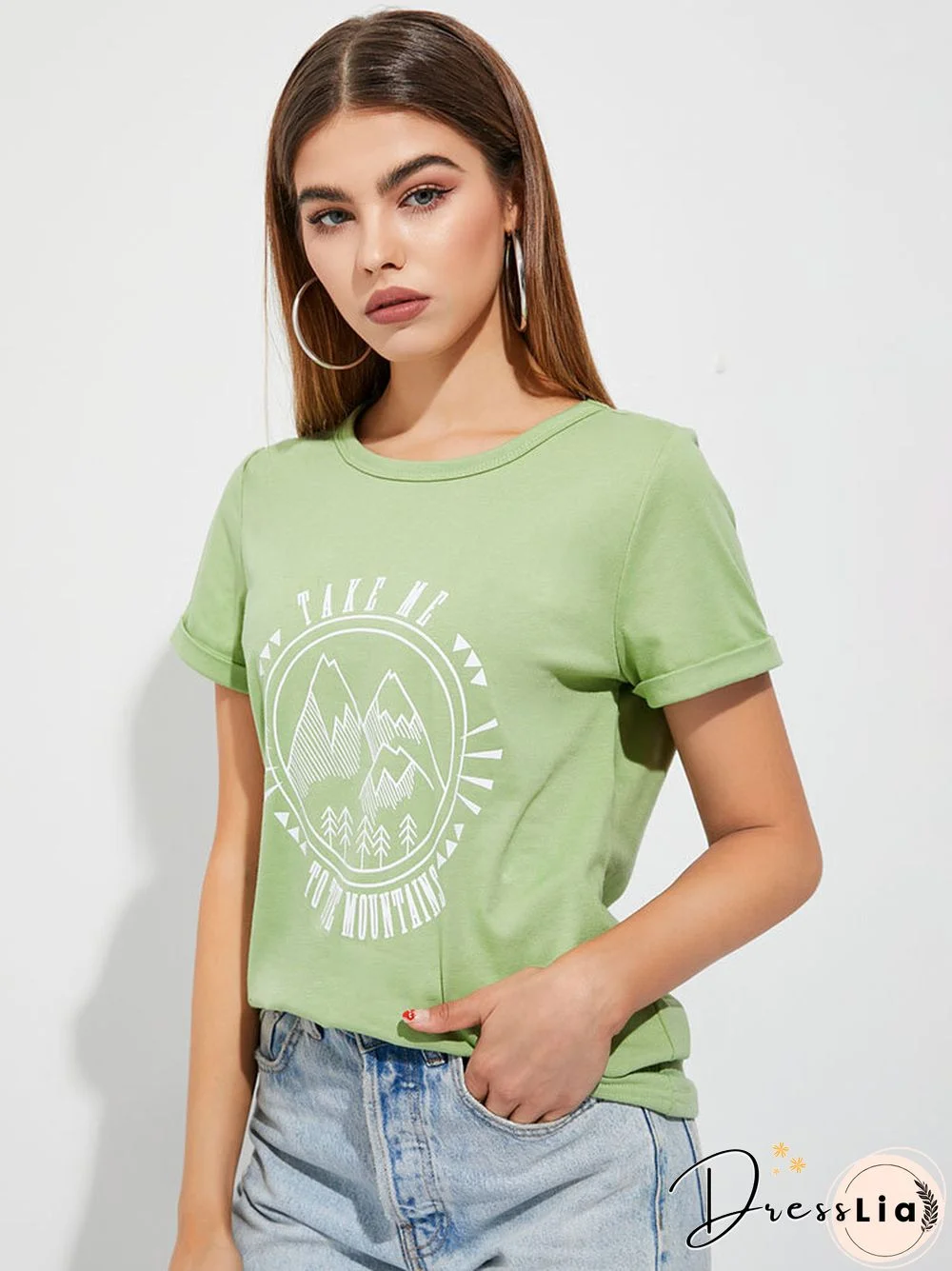 Stick Figure Landscape Print Crew Neck Short Sleeve T-shirt