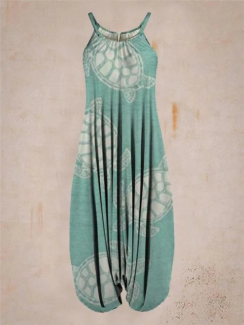 Women Summer Cute Turtle Print Sleeveless Harem Jumpsuit