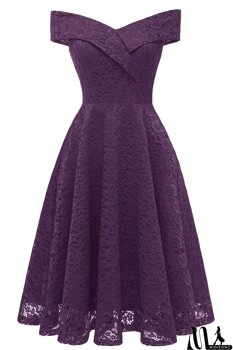 MidiSono - Purple Off-the-shoulder Lace Midi Prom Dress