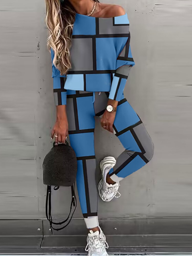 Roigam Autumn Winter New Geometric Printed Women Long Sleeve T Shirt Sports Suit Simple Fashion Lace Up Casual Pants Female 2 Piece Set