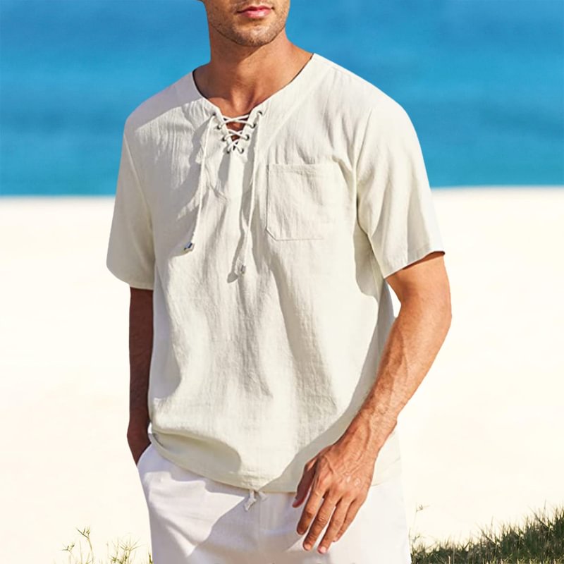 Men's Tie Pocket Loose V-Neck Solid Short Sleeve Shirt
