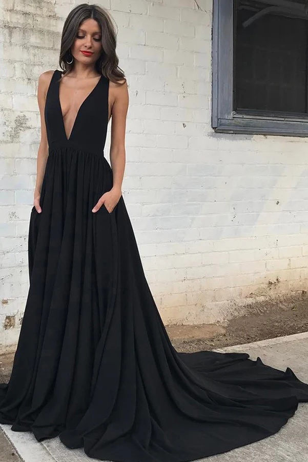 Ovlias Gorgeous Black Wide Shoulder Straps V Neck Flowy Prom Dress LY0537