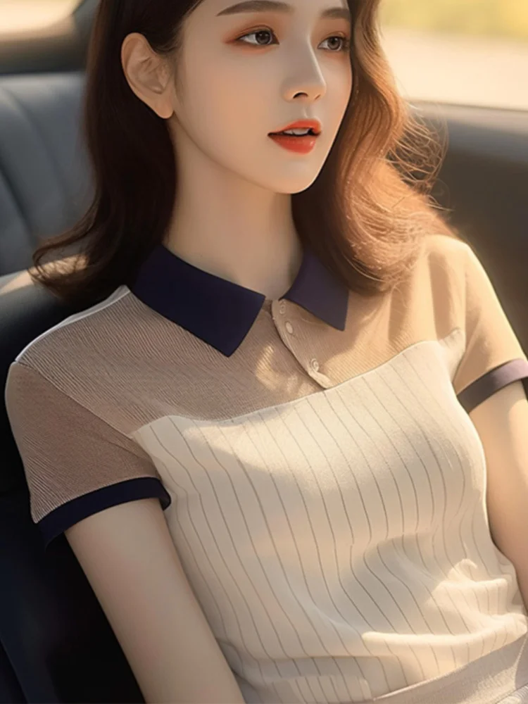 Athvotar Athvotar Chic And Beautiful Striped POLO Collar Short-Sleeved Shirt Women's Summer Unique Design Sense Of The Top