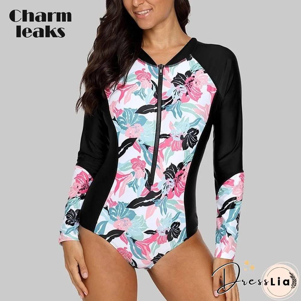 Charmleaks Womens Long-Sleeve Rashguard One-Piece Swimsuit Swimwear Surfing Top Rash Guard