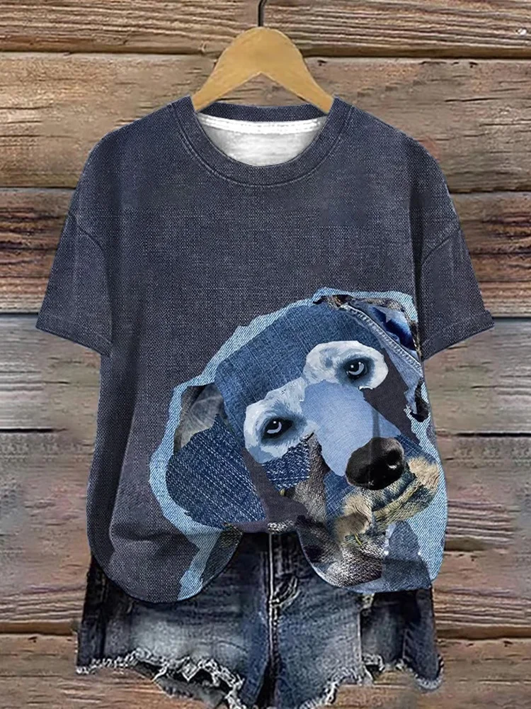 Utbros Women's Dog Print Short Sleeve Casual T-shirt