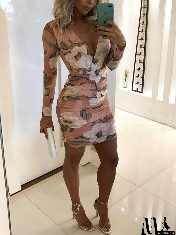 MidiSono - Long Sleeve V-Neck Womens Print Dress